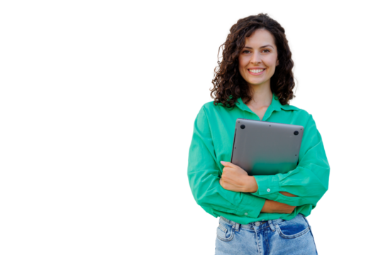 Studio shot of a smiling woman holding a laptop against a transparent background, perfect for easy integration into any design project - Powered by Adobe
