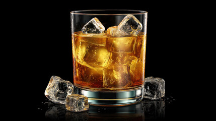Glass of whiskey or other alcohol with cube ice on black background. 
