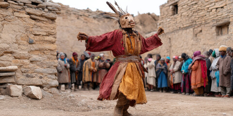  traditional performer wearing a mask and colorful attire dances in a village, surrounded by an audience in a rustic setting.