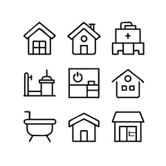 Real estate line icons, such as house, kitchen, bedroom, bathroom and more. Editable stroke 