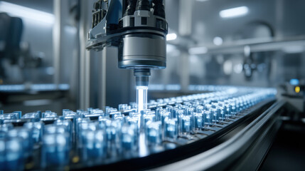 A close-up view of a high-tech electronics manufacturing line inside a modern factory. automated precision dispenser working on assembling a circuit board. 3d illustration.