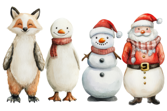 Charming watercolor characters depicting a fox, a duck, a snowman, and Santa Claus dressed in festive attire for a joyful winter celebration