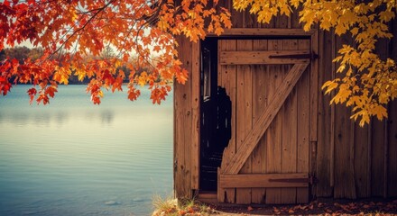 Rustic Wooden Boathouse Door Amid Vibrant Autumn Foliage by Calm Lake
