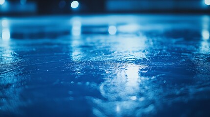 93.Detailed shot of a freshly smoothed hockey rink, shimmering ice with soft bokeh highlights, cool blue tones reflecting the arena lighting