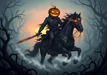 A headless horseman with a pumpkin head riding a black horse through a spooky forest at sunset
