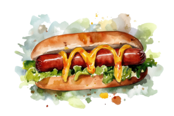 Colorful hot dog watercolor illustration featuring mustard and lettuce on a bun, showcasing the deliciousness of classic street food in a vibrant art style
