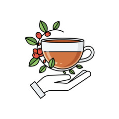 A professional icon for a coffee shop. A hand holds a coffee cup with a coffee plant wrapped around it, symbolizing fresh, natural ingredients and human care in every cup