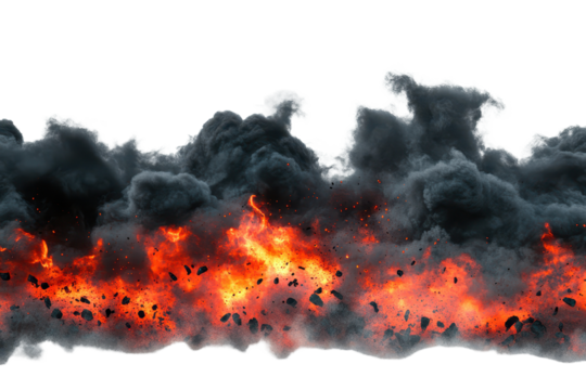 Explosion border with billowing dark smoke and bright red flames engulfing debris in a dramatic display of power and chaos during a volatile event