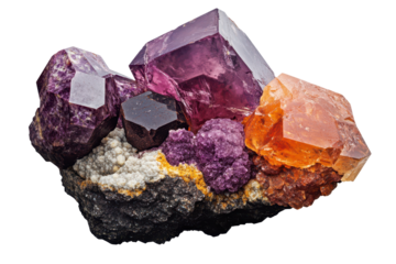 Cluster of rare minerals featuring vibrant purple and orange crystals, showcasing their unique formations and textures from a recent extraction in a mineral-rich region