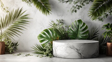 3D product display podium, round marble platform with subtle veins, surrounded by artfully arranged tropical leaves, pure white seamless background, minimal and elegant style, soft natural light