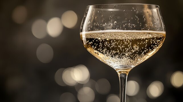 87.Close-up of a crystal-clear champagne coupe, mysterious floating bubbles forming abstract shapes, dramatic contrast against a dark and moody backdrop