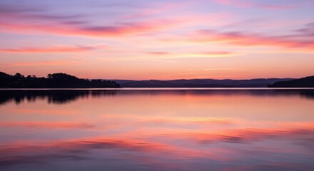 Naklejka premium Serene Sunset Over Calm Lake with Pink and Orange Sky Reflections
