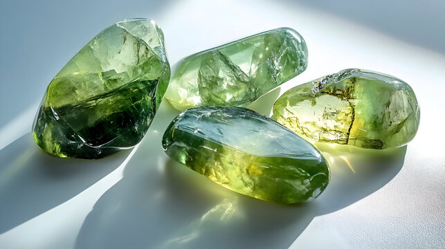 Collection of polished green gemstones on white background for jewelry design and crafts