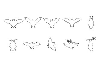 Halloween bats vector set  line art. Spooky flying bat swarm for horror decor. Gothic vampire animal illustration. Black night creature outline icons.
