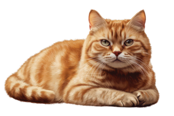 British cat relaxing comfortably on a transparent background, showcasing its distinctive orange tabby coat and expressive eyes while lying in a serene posture
