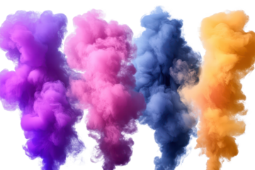 Colorful smoke bomb explosions create vibrant clouds in a dynamic display for a creative event in an outdoor setting during daylight hours