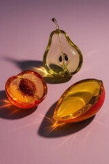 Colorful glass sculptures shaped like fruits including pear, peach, and mango on pink background, artistic food-inspired still life

