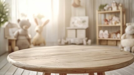 11.Empty wooden table inside a softly lit baby room, warm and cozy atmosphere with pastel-colored furniture and plush toys in the background