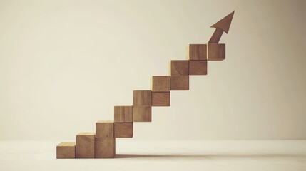 19.Concept of professional growth with a career ladder made of stacked wooden blocks, an upward-moving arrow symbolizing progress and achievement