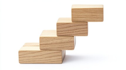 16.Wooden blocks arranged in a stair-step pattern, forming a symbolic career ladder with an upward arrow, concept of business success and growth