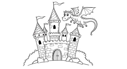 Obraz premium Friendly dragon soaring over a whimsical fairytale castle.