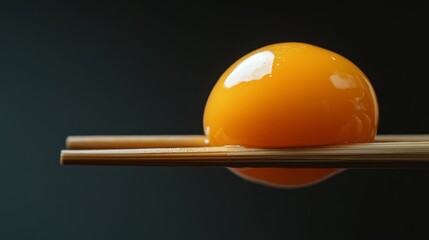 44.Floating golden yolk gently grasped by chopsticks, high-definition close-up capturing the rich color and glossy surface, elegant and delicate presentation