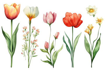 Fototapeta premium Watercolor spring flowers collection featuring vibrant tulips and delicate blossoms in a fresh seasonal arrangement