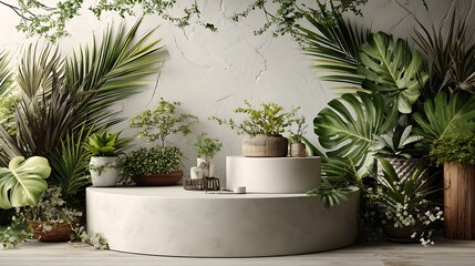 Two-tier podium for luxury product display, glossy ceramic finish, surrounded by tropical foliage, neutral white background, high-resolution 3D render, professional studio lighting