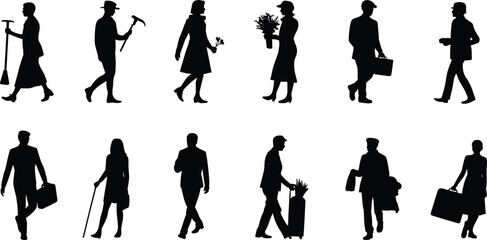 People silhouettes, walking and standing, holding tools, carrying flowers, business briefcase, diverse occupations, everyday life scenes, vector illustration, black silhouette art