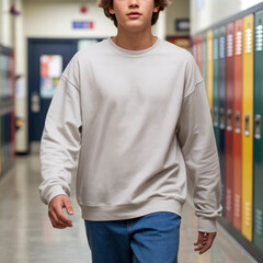Teens casual sweatshirt mockup. High school, college boy wearing basic pullover, jeans, walking by lockers. Teenage boy model in blank white jumper mockup	
