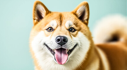  A heartwarming, closeup portrait of a smiling Shiba Inu dog