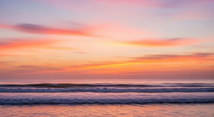 Sunset Beach Scene with Vibrant Pink Orange Sky Calm Waves and Soft Lighting