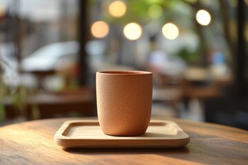Terracotta coffee cup on a wooden coaster.
