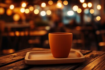 Orange ceramic mug on a wooden tray in a cafe at night.