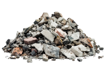 Rubble and debris pile isolated on white background showcasing diverse textures and materials from construction activities