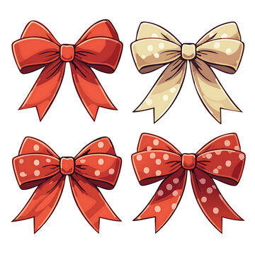 Cute bow illustration set &ndash; red & beige ribbons with polka dots for crafts & designs