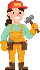 Female construction worker holding hammer with tool belt and safety gloves in workwear vector illustration 