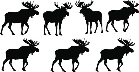 Moose silhouette collection, wildlife animal shapes, elk vector design, nature art illustration, antler icon set, forest animal graphics, deer outline bundle
