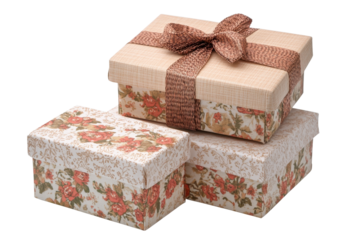 Gift boxes with floral designs on a clean white background suitable for various occasions such as birthdays, holidays, or special events