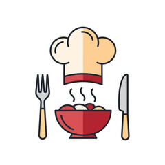 A simple icon for a restaurant. A chef's hat sits above a steaming bowl of food, flanked by a fork and a knife, symbolizing a professional and delicious dining experience