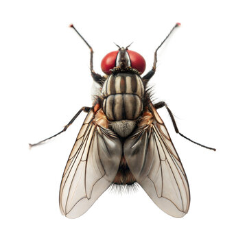 Detailed macro photograph of a housefly with red eyes
