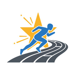 A simple icon for athletics. A blue runner on a gray track surges forward with a golden star behind them, symbolizing speed, victory, and the pursuit of excellence