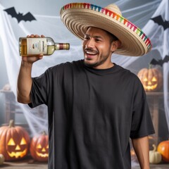Funny man in sombrero, wearing casual black t-shirt standing in Halloween decorated room with tequila bottle. Men's basic short sleeve crewneck shirt mock. Handsome Mexican male model in oversized tee