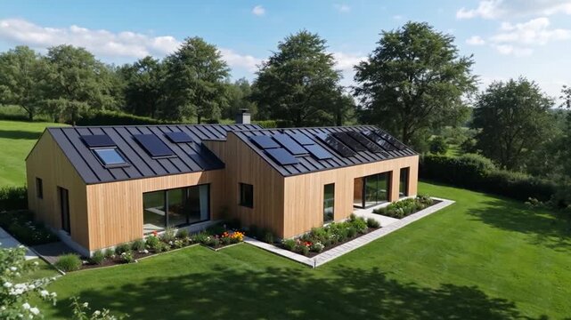 Maison moderne avec panneaux solaires en campagne