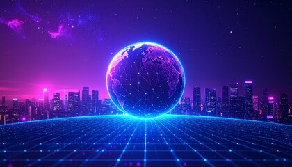 Glowing polygonal network sphere representing a global AI neural net, hovering above a futuristic landscape