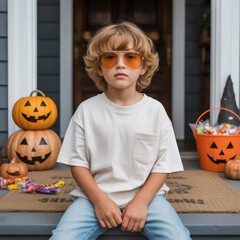 Fototapeta premium Kids white tshirt mockup. Young boy model in orange glasses, wearing oversized t-shirt sitting on porch decorated for Halloween. Youth basic crewneck tee mockup