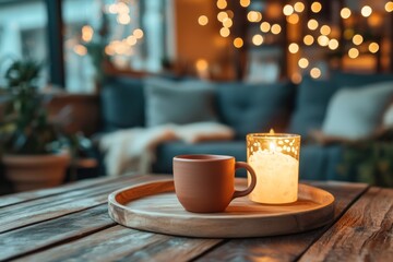 Warm lighting illuminates a terracotta mug and candle on a wooden tray.