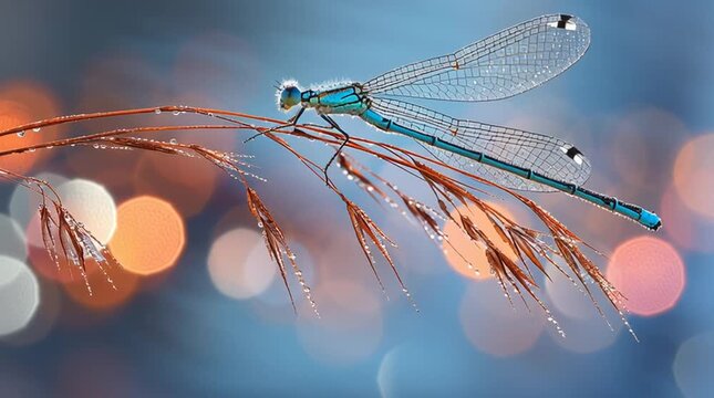 A damselfly clinging to a reed at dawn, wings beaded with dew and background softly blurred