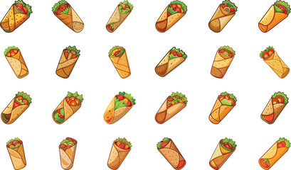 Colorful Cartoon Fast Food Icons Collection Featuring Burgers, Pizza, Tacos, Wraps, Fries, Snacks, and Street Food Items on White Background