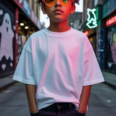 Kids white tshirt mockup. Young boy model in glasses, wearing oversized short sleeve t-shirt standing outside in Halloween decorated street. Youth basic crewneck tee mockup